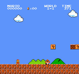 Super Mario Bros: World 1-1: A goomba approaches from the right