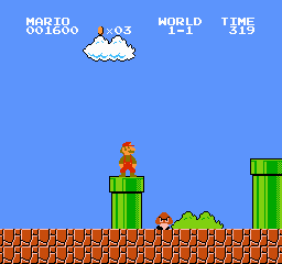 Super Mario Bros. World 1-1: a goomba between two pipes