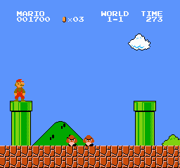 Super Mario Bros. World 1-1: two goombas between two pipes.
