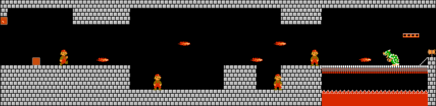 Super Mario Bros. World 1-4: Fireballs approach the player before dealing with Bowser.
